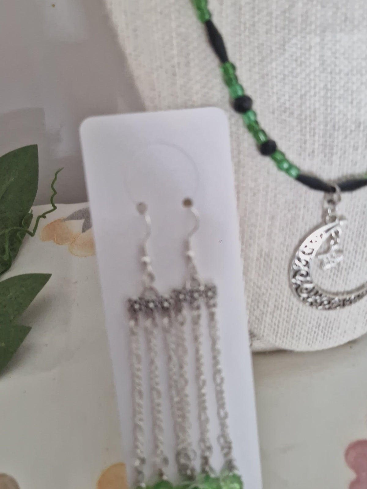 Handmade Celestial Crescent Moon Jewellery Set – Green & Black Beaded Necklace, Bracelet & Earrings