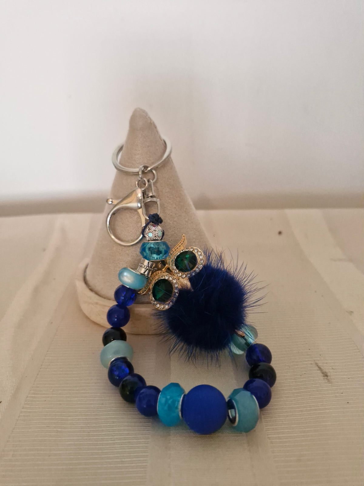 Handmade Rhinestone Owl Keychain – Navy Faux Fur Pom Pom & Crystal Beads Bag Charm