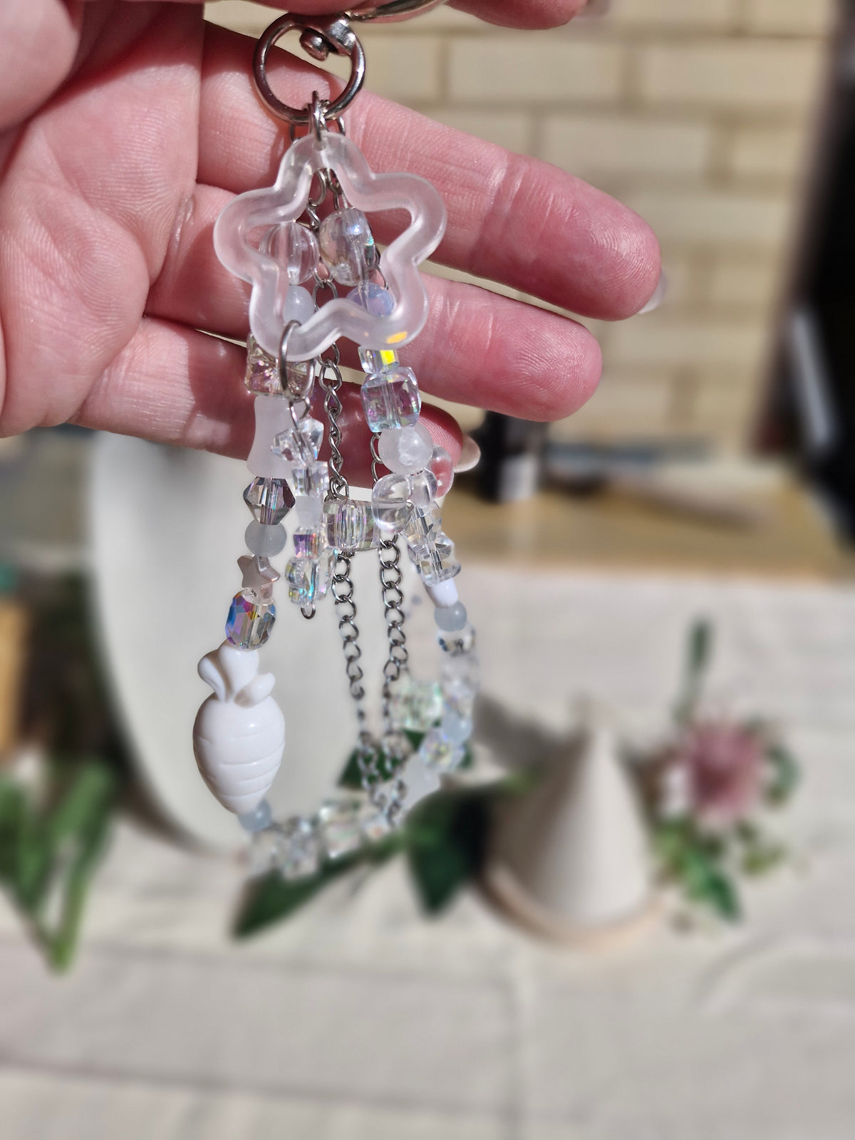 Handmade Iridescent Crystal & Shell Keychain – Coastal Bag Charm, Silver Hardware