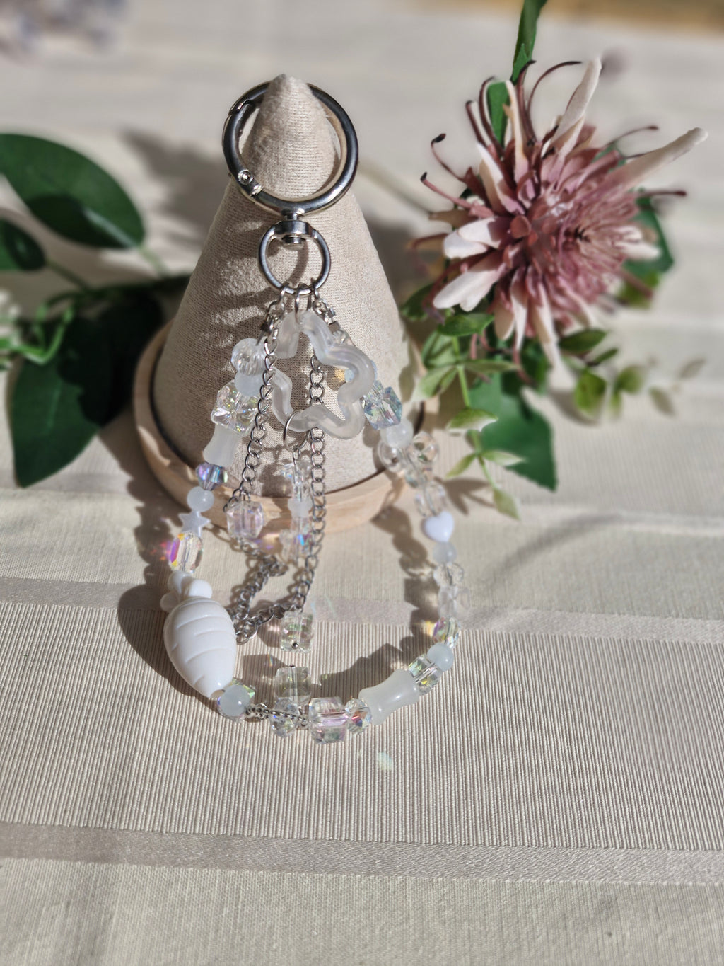 Handmade Iridescent Crystal & Shell Keychain – Coastal Bag Charm, Silver Hardware