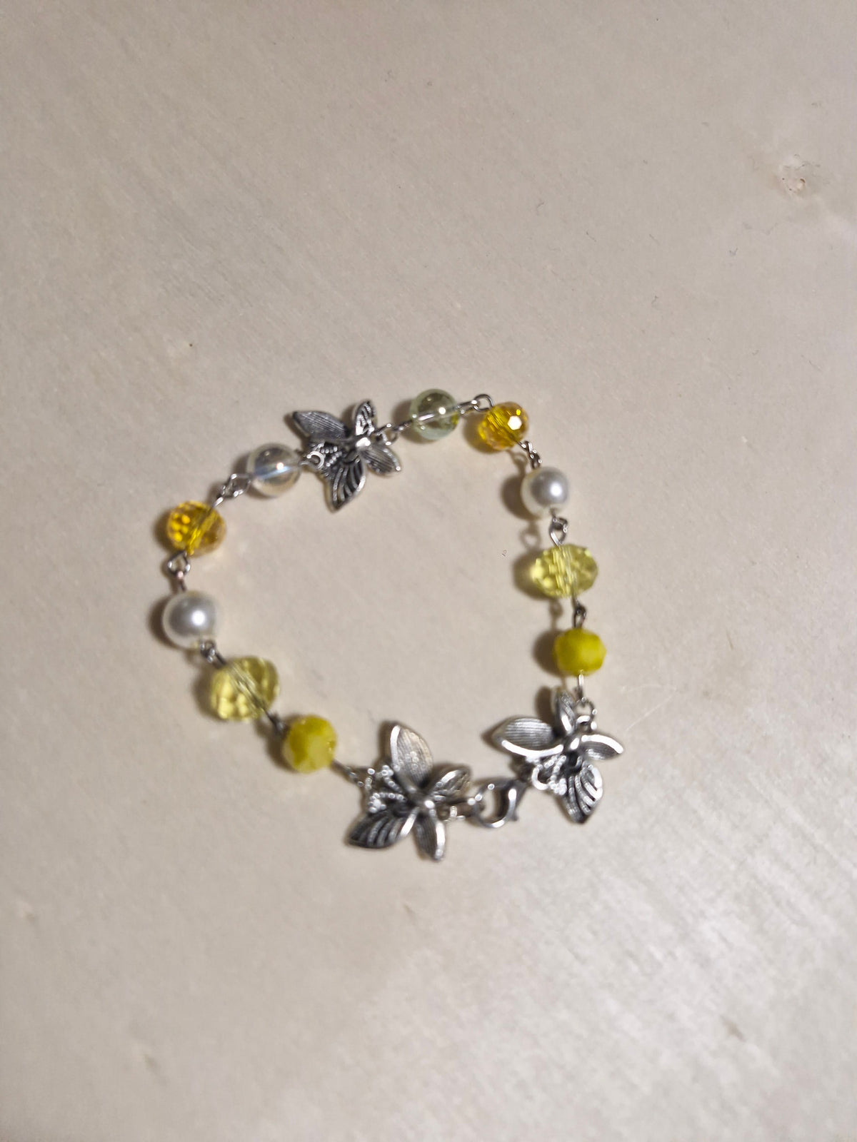 Handmade Silver Butterfly Charm Bracelet – Yellow Crystal & Pearl Beads, Chain Link