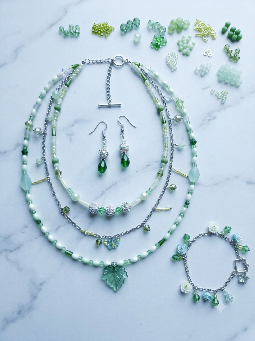 Handmade Forest Fairy Jewellery Set – Sage & Emerald Beaded Necklace, Bracelet & Earrings