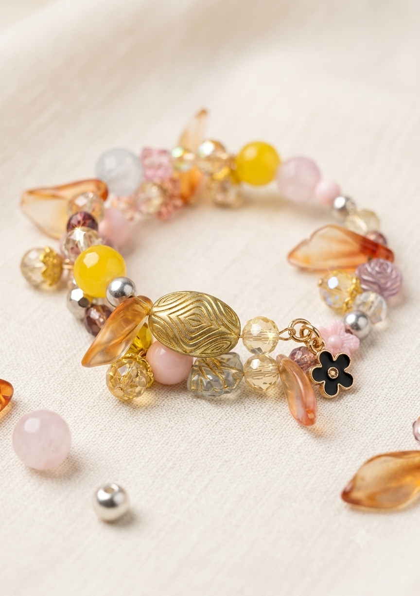 Handmade Autumn Crystal & Resin Petal Charm Bracelet – Amber, Blush & Lavender Beads