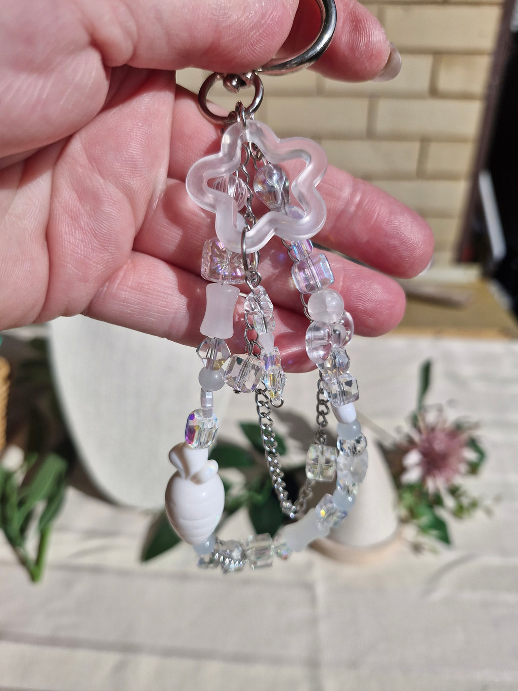 Handmade Iridescent Crystal & Shell Keychain – Coastal Bag Charm, Silver Hardware