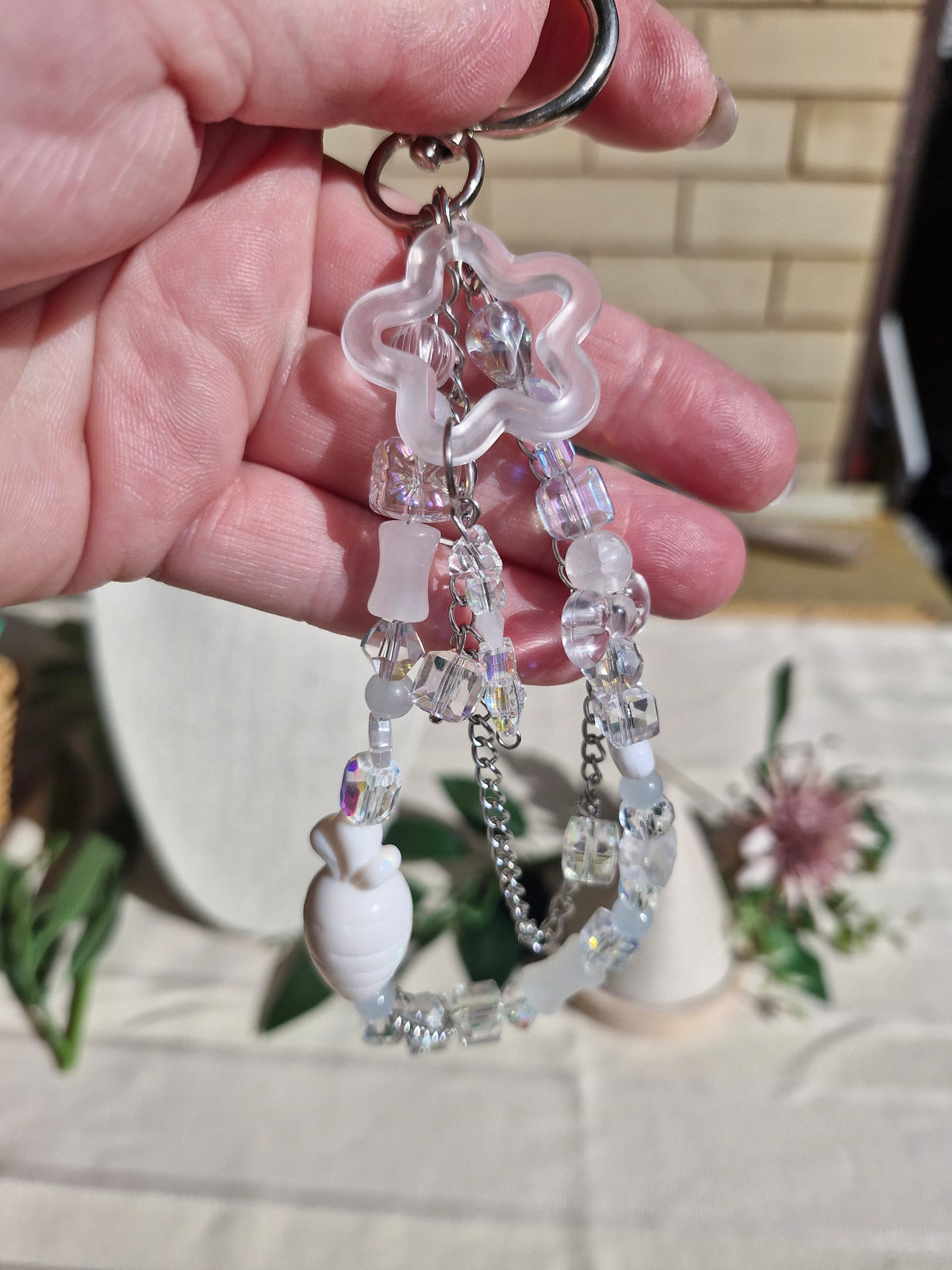 Handmade Iridescent Crystal & Shell Keychain – Coastal Bag Charm, Silver Hardware