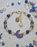 Handmade Crescent Moon Charm Bracelet – Navy Pearl & Amethyst Beads, Gold Accents