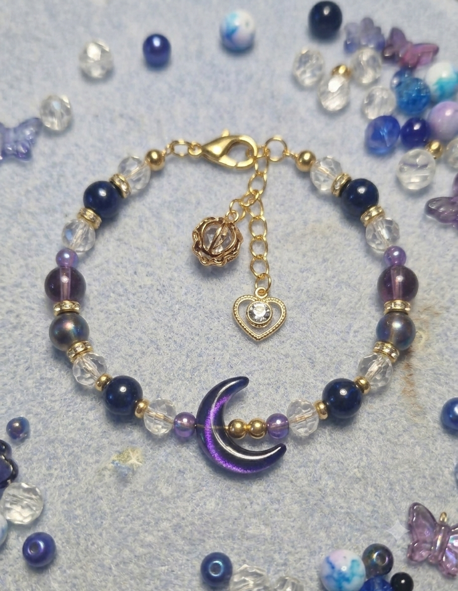 Handmade Crescent Moon Charm Bracelet – Navy Pearl & Amethyst Beads, Gold Accents