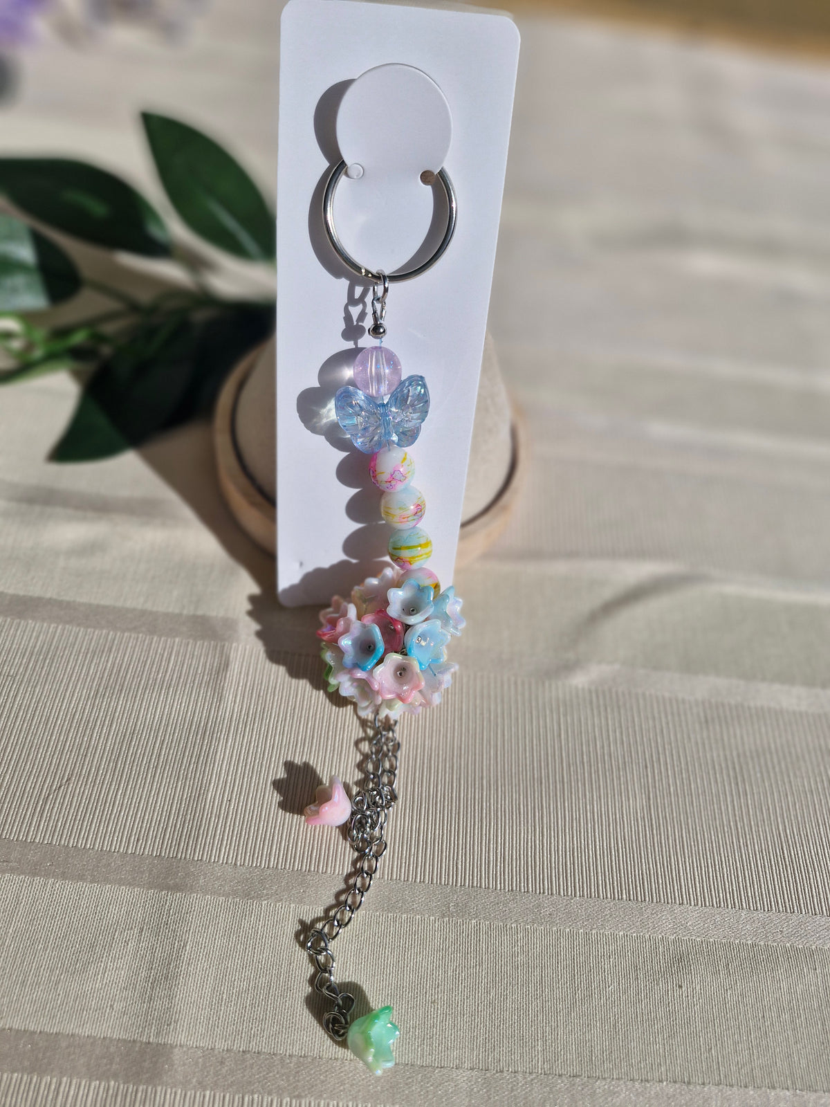 Handmade Butterfly Flower Ball Keychain – Whimsical Beaded Bag Charm