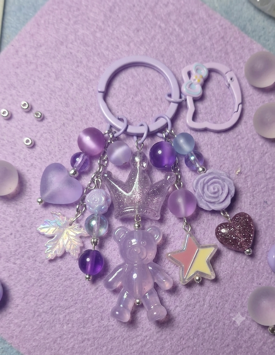 Handmade Purple Teddy Bear Crown Charm Keychain – Resin Jelly Bear Bag Accessory