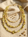 Handmade Citrine Yellow Crystal Layered Necklace – Gold & Pearl Multi-Strand Statement Piece