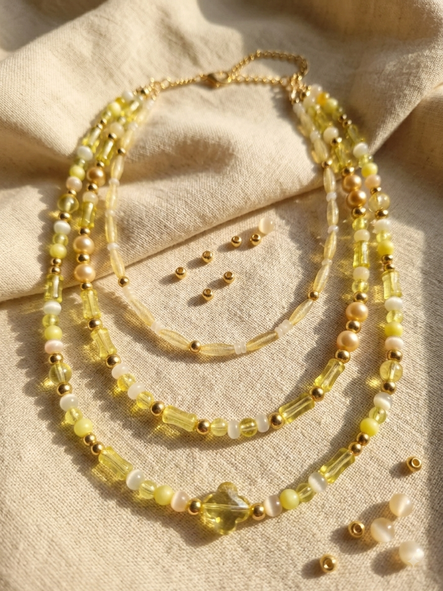 Handmade Citrine Yellow Crystal Layered Necklace – Gold & Pearl Multi-Strand Statement Piece