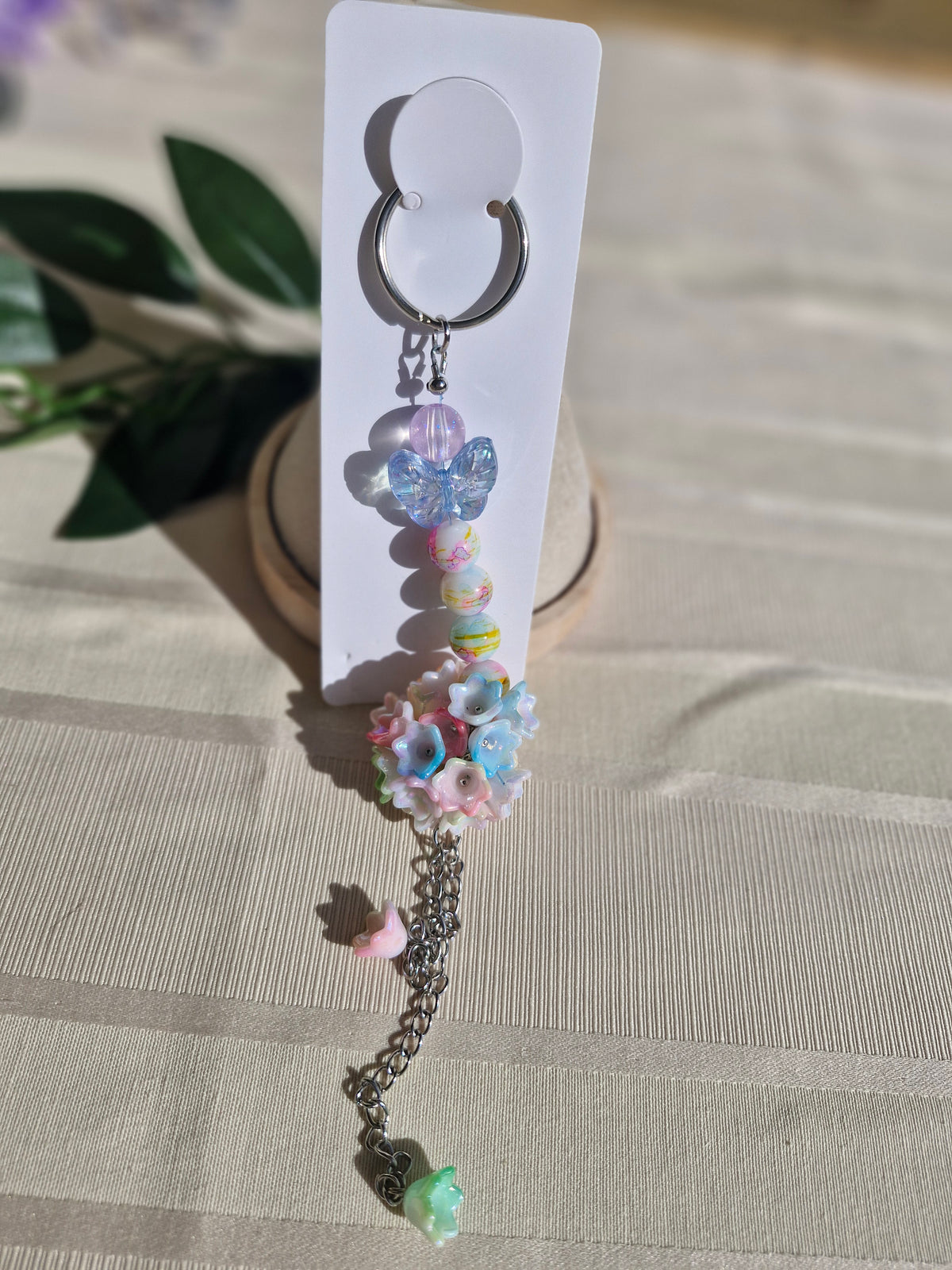 Handmade Butterfly Flower Ball Keychain – Whimsical Beaded Bag Charm