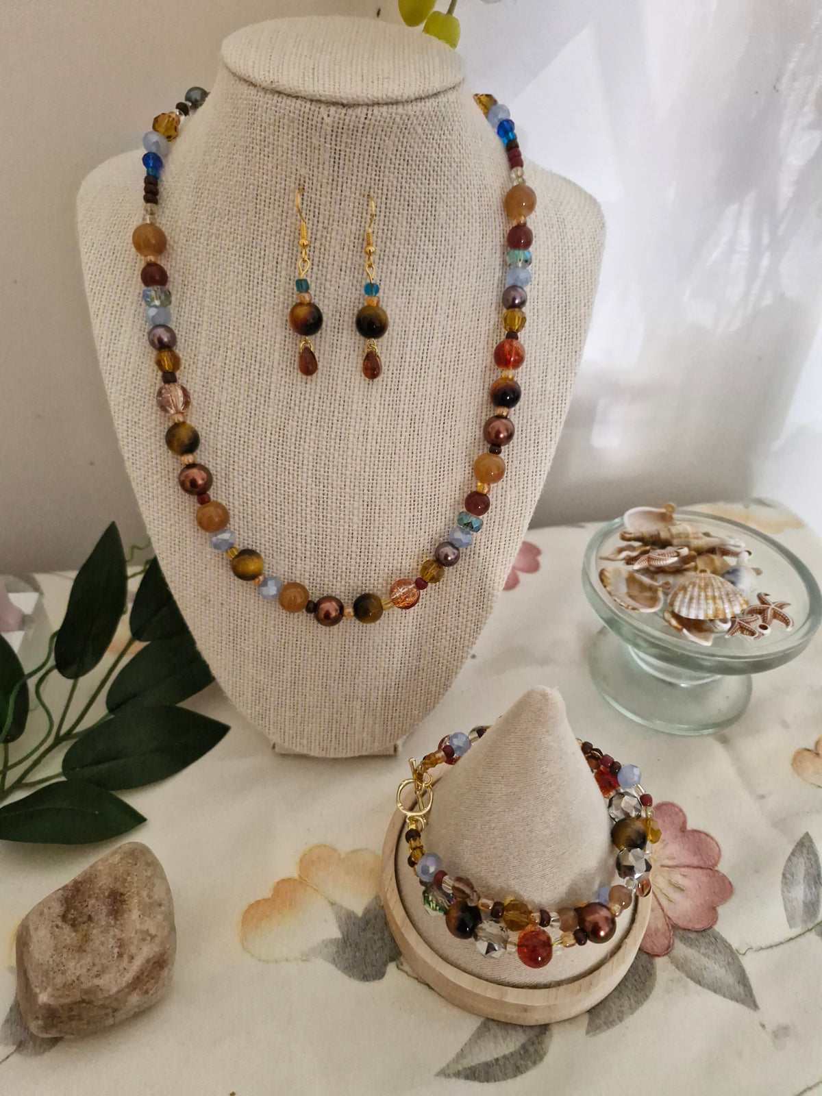 Handmade Tiger Eye & Gemstone Jewellery Set – Long Necklace, Bracelet & Drop Earrings