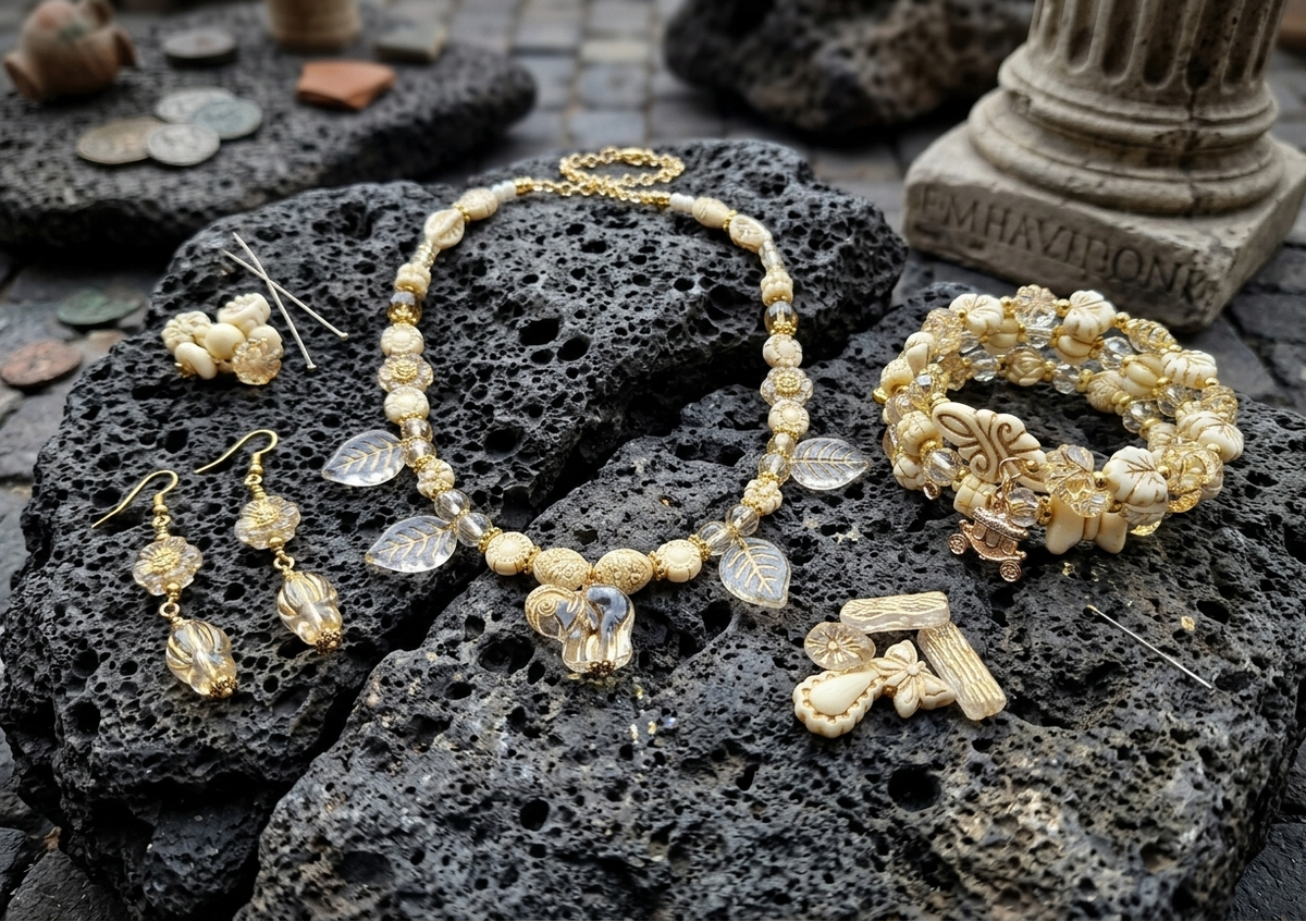 Handmade Vintage Mythology Jewellery Set – Ivory Bead Necklace, Bracelet & Earrings, Elephant Pendant