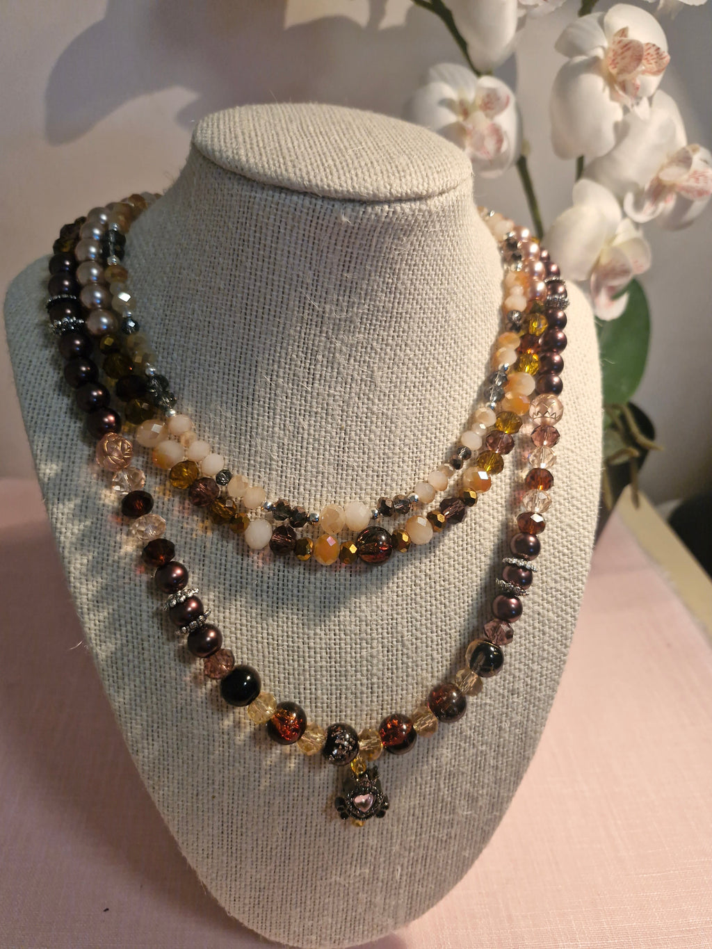 Handmade Vintage Amber & Brown Crystal Layered Necklace – Antique Charm Pendant