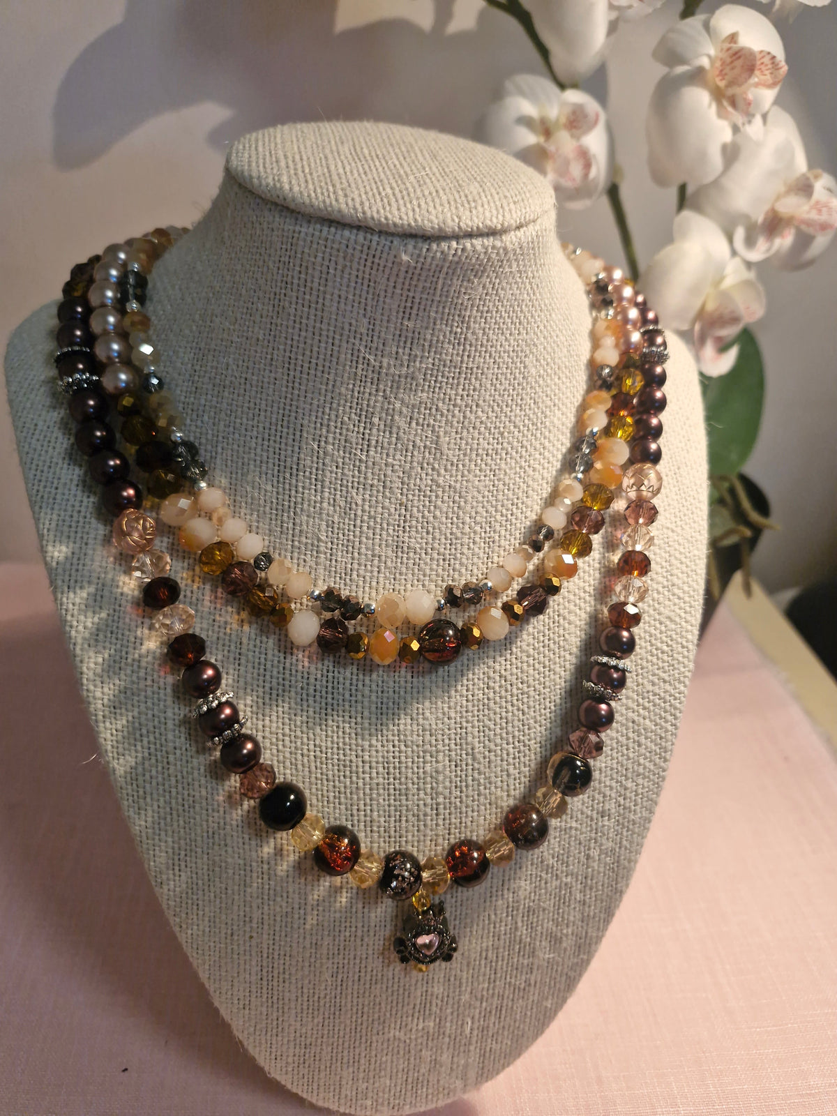 Handmade Vintage Amber & Brown Crystal Layered Necklace – Antique Charm Pendant
