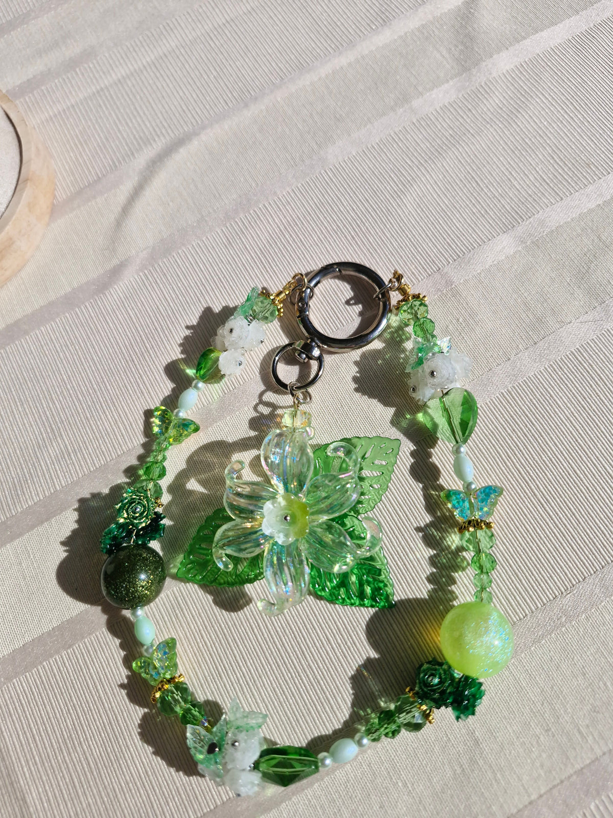 Handmade Green Crystal Butterfly & Flower Keychain – Nature-Inspired Beaded Bag Charm
