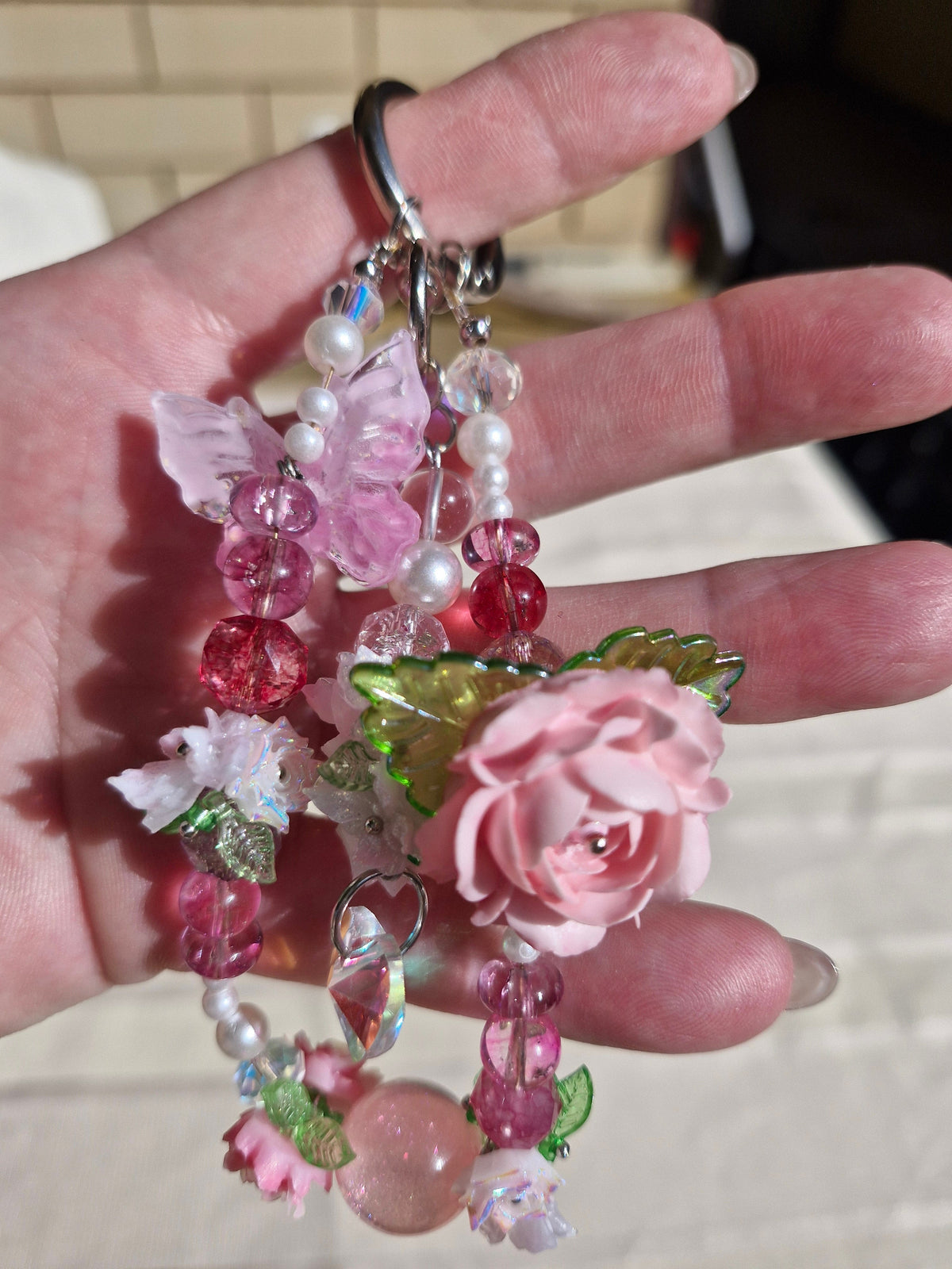 Handmade Blush Rose & Butterfly Keychain – Pink Crystal & Pearl Beaded Bag Charm
