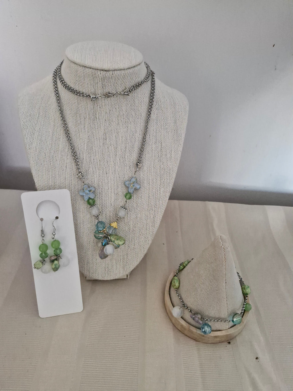 Handmade Sage Green & Ocean Blue Jewellery Set – Necklace, Bracelet & Drop Earrings