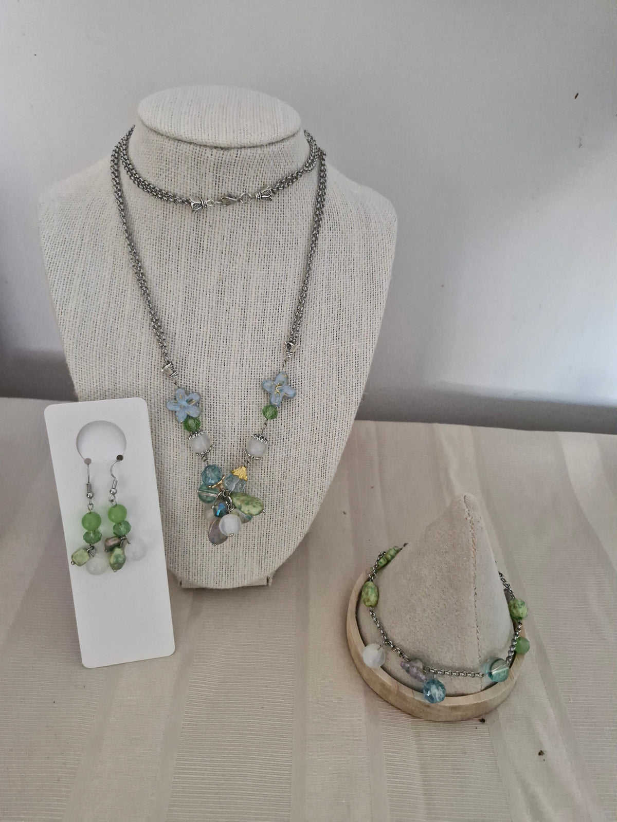 Handmade Sage Green & Ocean Blue Jewellery Set – Necklace, Bracelet & Drop Earrings