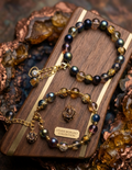 Handmade Celestial Galaxy Bracelet Set – Navy Iridescent Pearl & Gold Chain, Set of 2