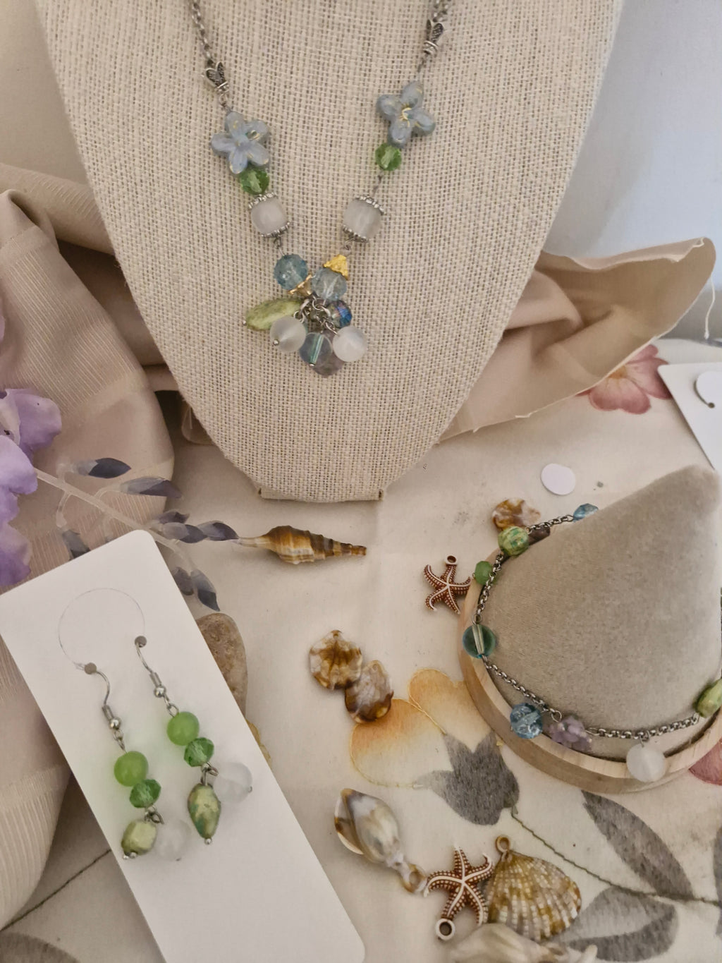 Handmade Sage Green & Ocean Blue Jewellery Set – Necklace, Bracelet & Drop Earrings