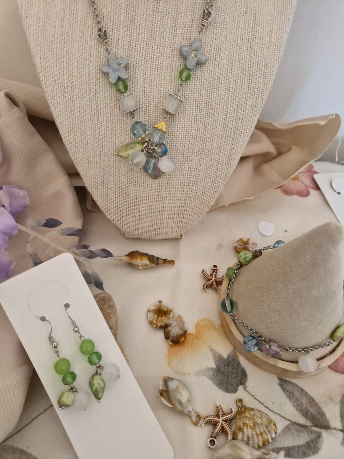 Handmade Sage Green & Ocean Blue Jewellery Set – Necklace, Bracelet & Drop Earrings