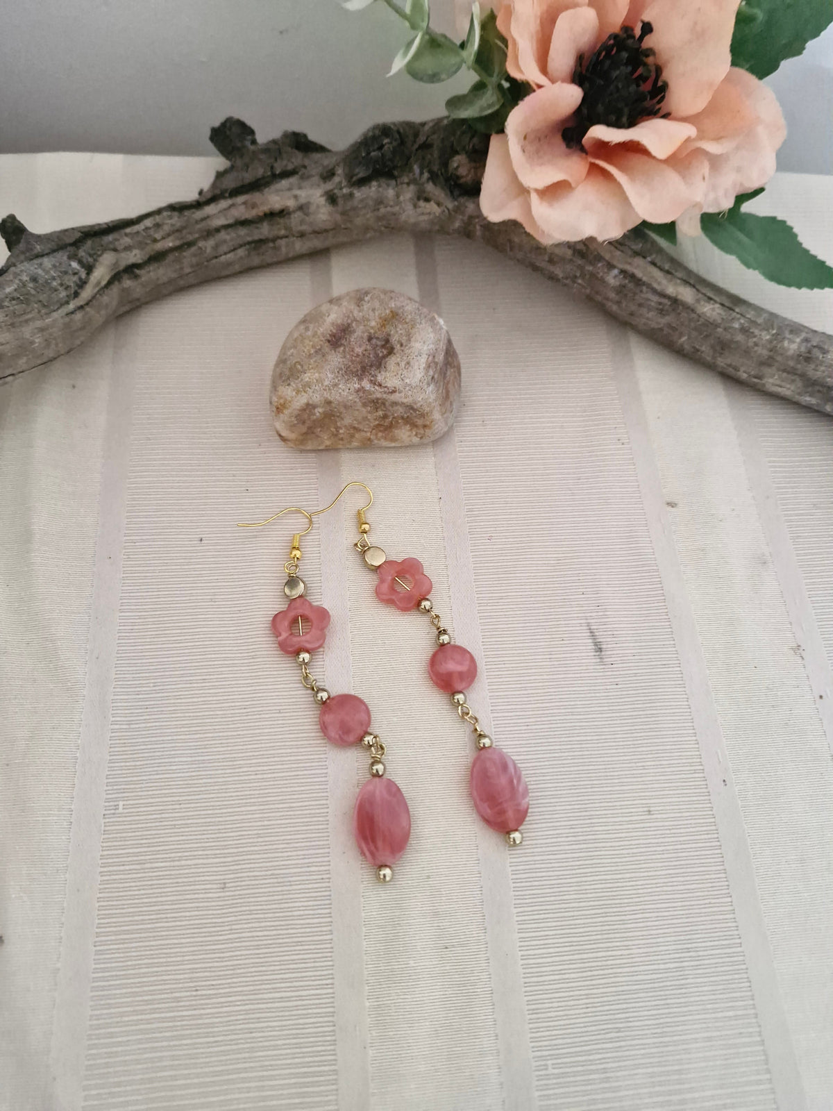 Handmade Rhodonite Drop Earrings – Pink Gemstone Bead & Flower Charm, Gold Hook