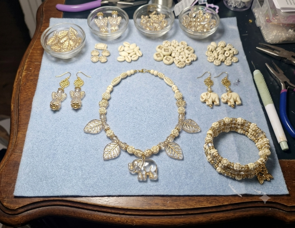 Handmade Vintage Mythology Jewellery Set – Ivory Bead Necklace, Bracelet & Earrings, Elephant Pendant