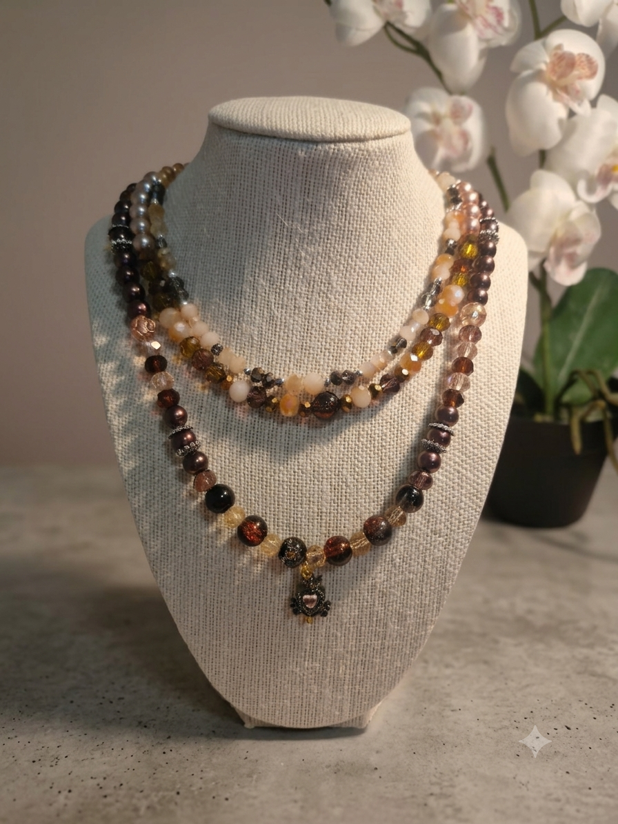 Handmade Vintage Amber & Brown Crystal Layered Necklace – Antique Charm Pendant