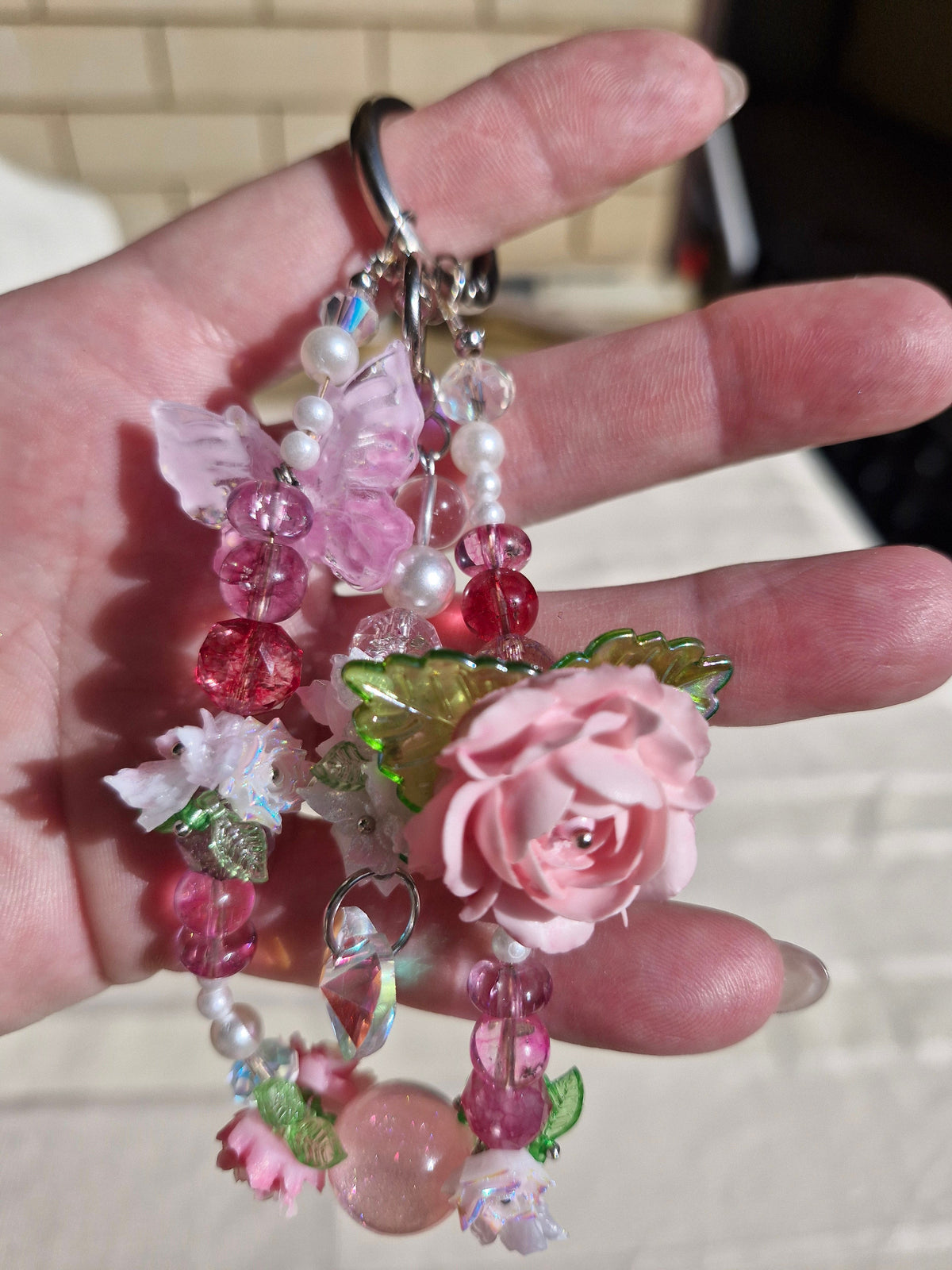 Handmade Blush Rose & Butterfly Keychain – Pink Crystal & Pearl Beaded Bag Charm