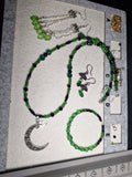 Handmade Celestial Crescent Moon Jewellery Set – Green & Black Beaded Necklace, Bracelet & Earrings