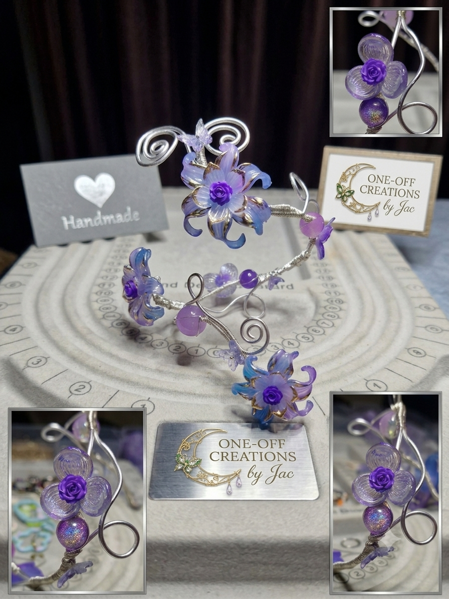 Handmade Wire-Wrapped Floral Arm Cuff – Purple & Blue Iridescent, Adjustable Bangle