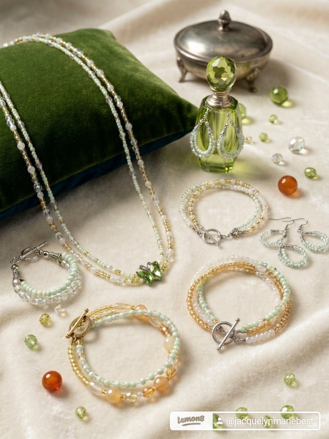 Handmade Butterfly & Mint Green Jewellery Set – Beaded Necklace, Bracelets & Earrings