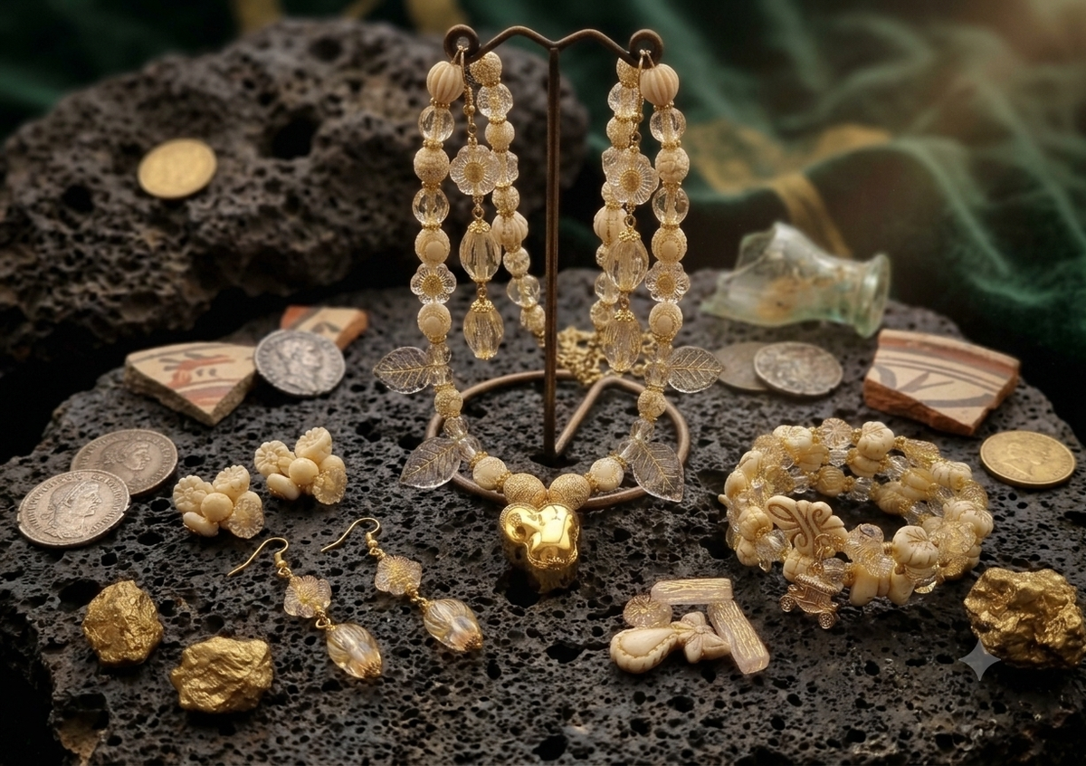 Handmade Vintage Mythology Jewellery Set – Ivory Bead Necklace, Bracelet & Earrings, Elephant Pendant
