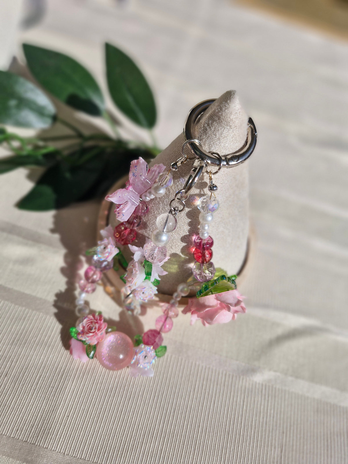 Handmade Blush Rose & Butterfly Keychain – Pink Crystal & Pearl Beaded Bag Charm