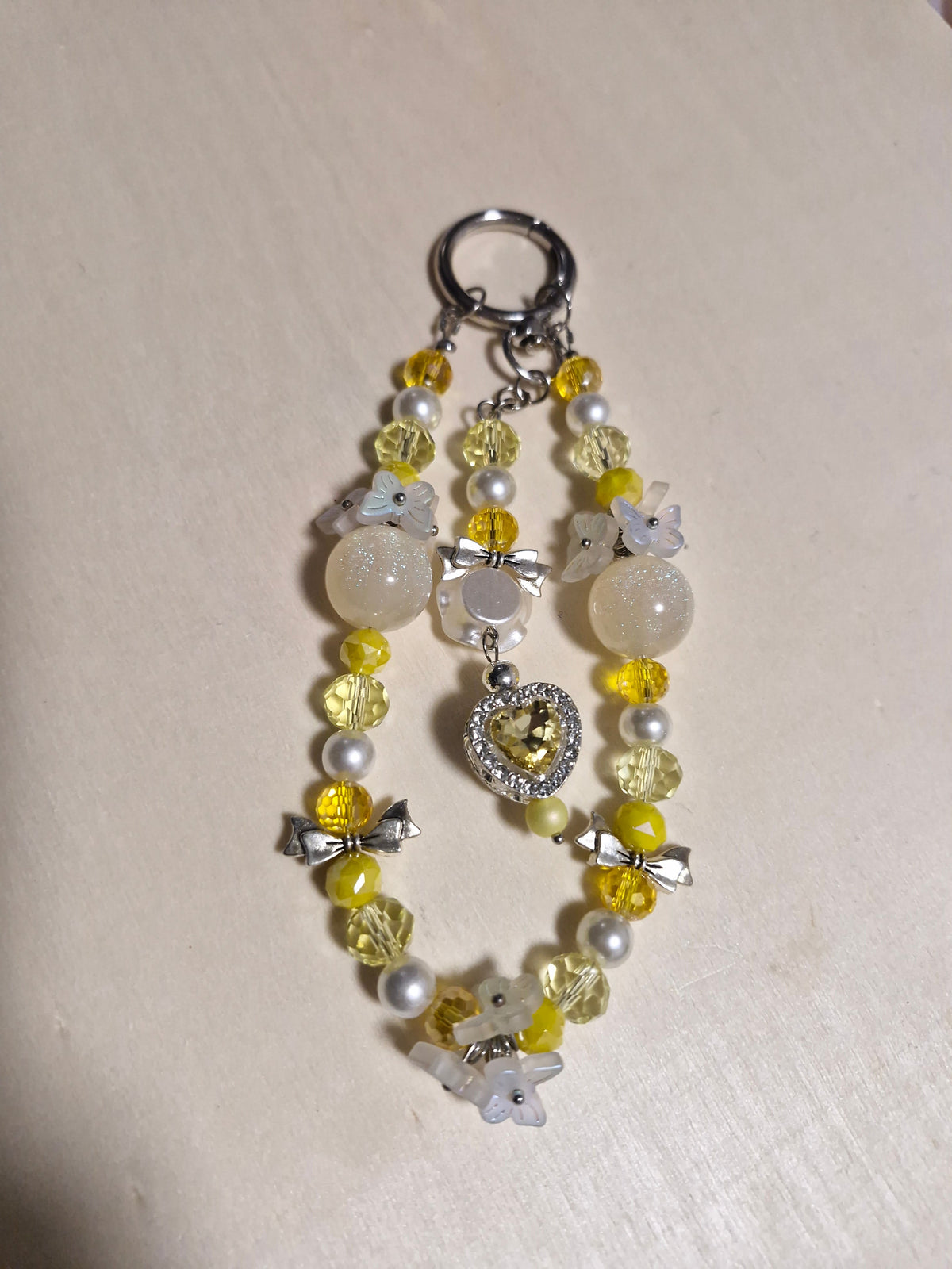 Handmade Yellow Crystal heart Key-chain – Pearl & silver Bow Charm Bag Accessory