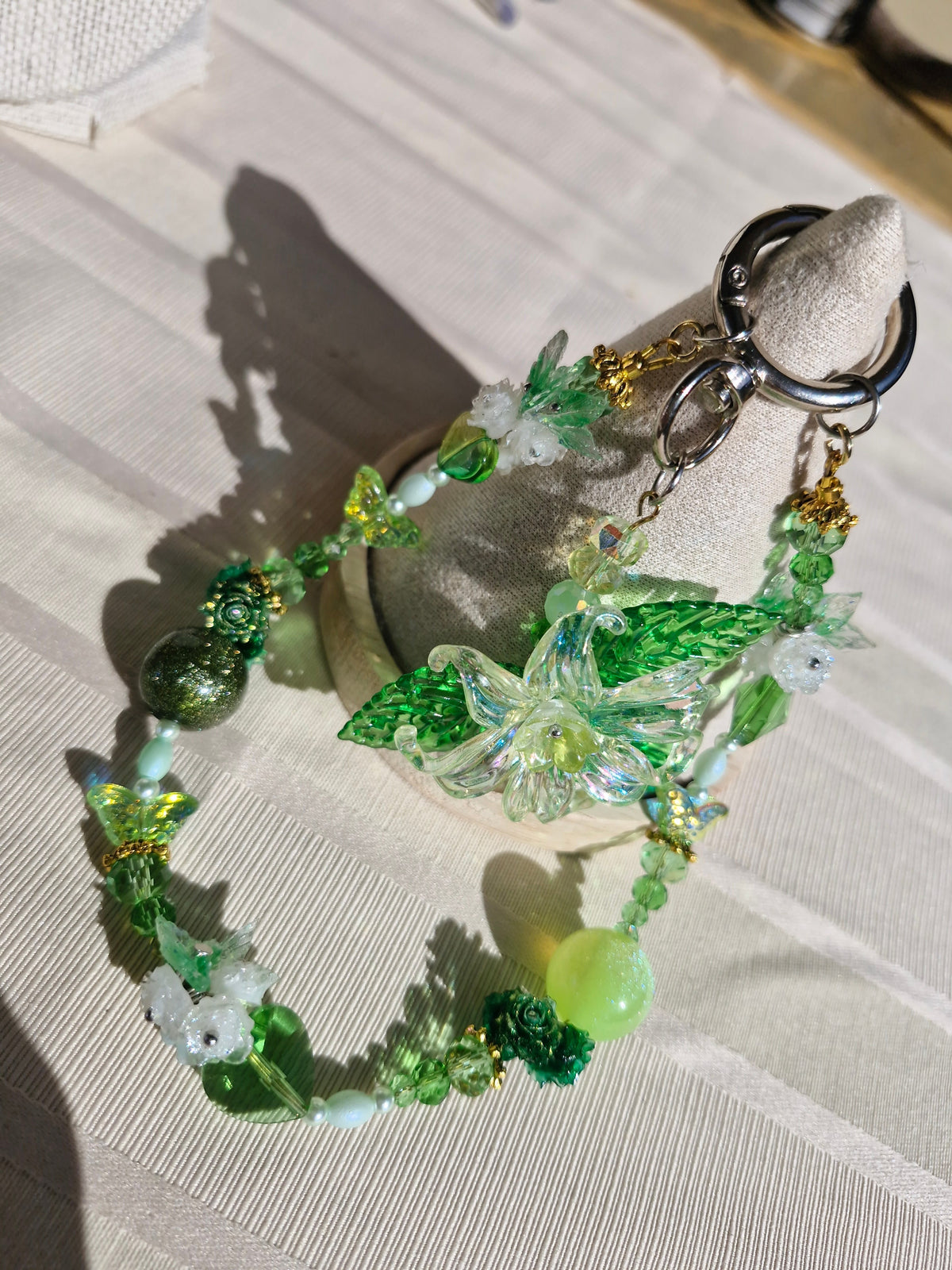 Handmade Green Crystal Butterfly & Flower Keychain – Nature-Inspired Beaded Bag Charm